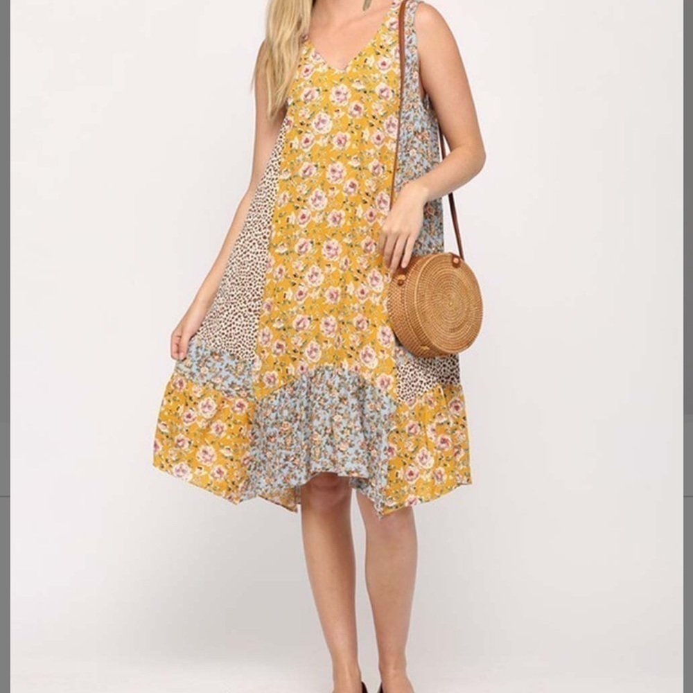 🆕 Love Kuza Gold Floral Patchwork Sleeveless V-Neck Dress